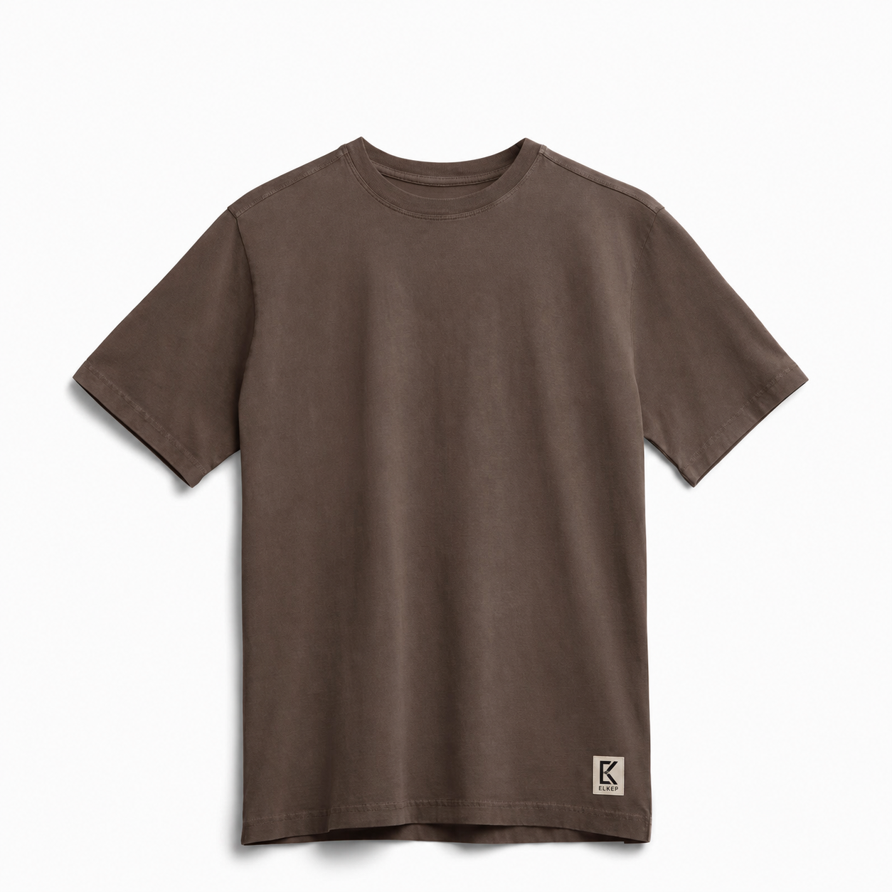 Elkep Chocolate Heavyweight Tee front with woven hem patch