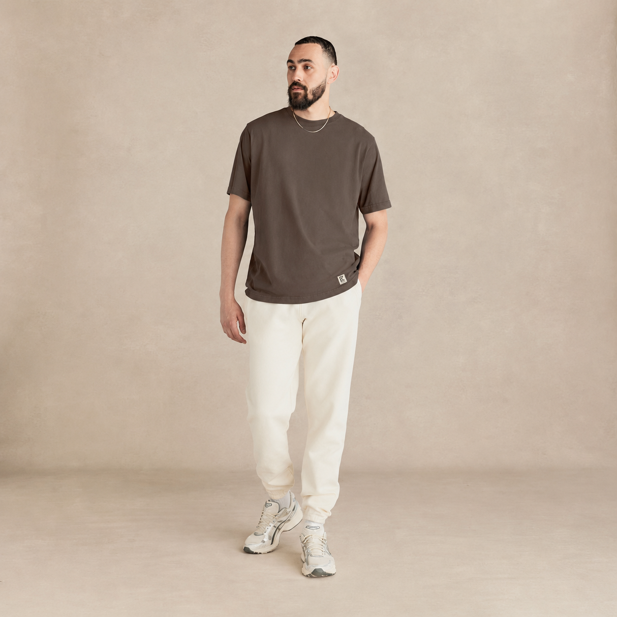 Model wearing Elkep Chocolate Heavyweight Tee front
