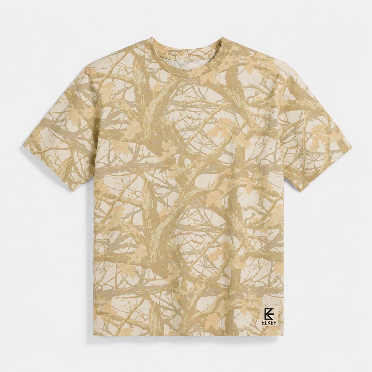 Elkep Woodland Camo Heavyweight Tee front with woven hem patch