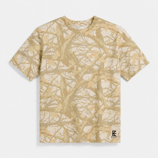 Elkep Woodland Camo Heavyweight Tee front with woven hem patch