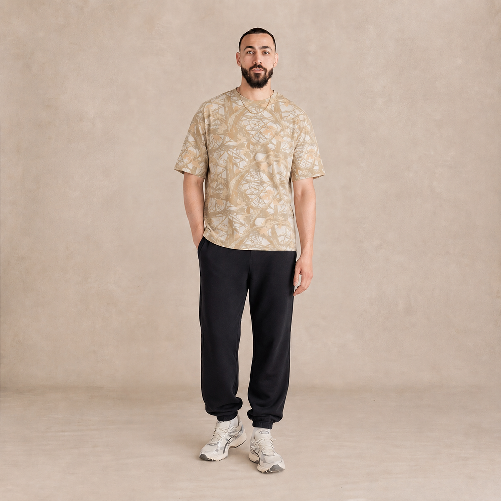 Model wearing Woodland Camo Heavyweight Organic Tee
